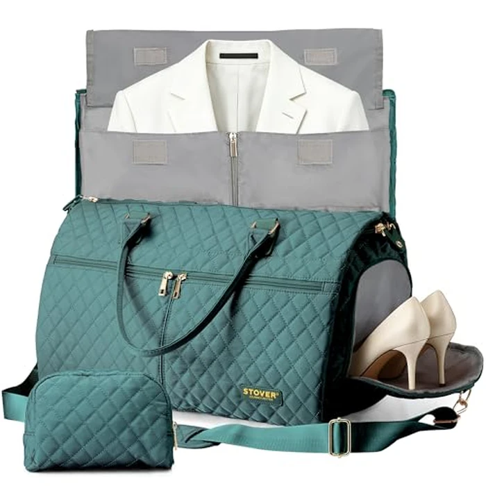 STOVER Women’s Convertible Garment Duffel Bag for Travel - 2-in-1 Carry-On Weekender/Overnight Tote - Wrinkle-Free Dresses, Suits & Clothes + Shoe Compartment & Bonus Toiletry Bag (Emerald Green) by STOVER - Used - Very Good condition
