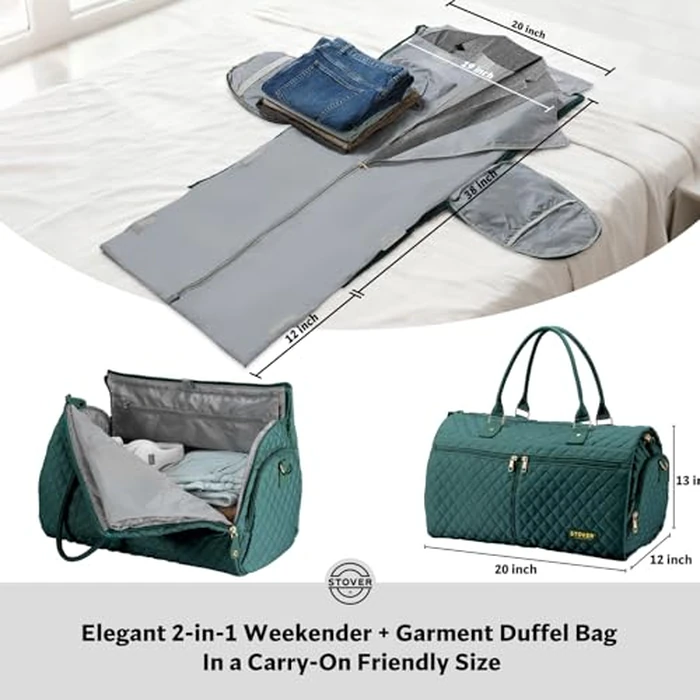 STOVER Women’s Convertible Garment Duffel Bag for Travel - 2-in-1 Carry-On Weekender/Overnight Tote - Wrinkle-Free Dresses, Suits & Clothes + Shoe Compartment & Bonus Toiletry Bag (Emerald Green) by STOVER - Image 2