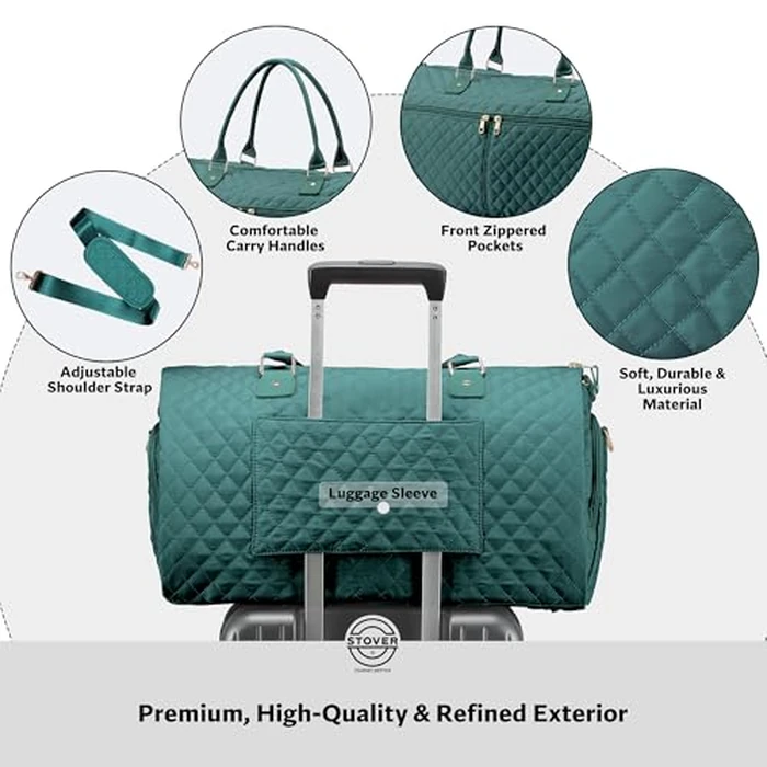 STOVER Women’s Convertible Garment Duffel Bag for Travel - 2-in-1 Carry-On Weekender/Overnight Tote - Wrinkle-Free Dresses, Suits & Clothes + Shoe Compartment & Bonus Toiletry Bag (Emerald Green) by STOVER - Image 4