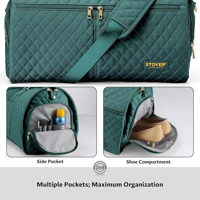 STOVER Women’s Convertible Garment Duffel Bag for Travel - 2-in-1 Carry-On Weekender/Overnight Tote - Wrinkle-Free Dresses, Suits & Clothes + Shoe Compartment & Bonus Toiletry Bag (Emerald Green) by STOVER - Image 5