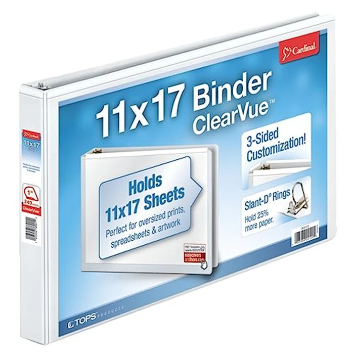 Cardinal Binders 3 Ring, 1 Inch D-Ring, ClearVue for 11 x 17 Inch Tabloid Documents, White, Holds 240 Sheets, Non-Stick Archival Safe, XtraLife Hinges, Customizable Cover for Office or Design Use by Cardinal - Image 1