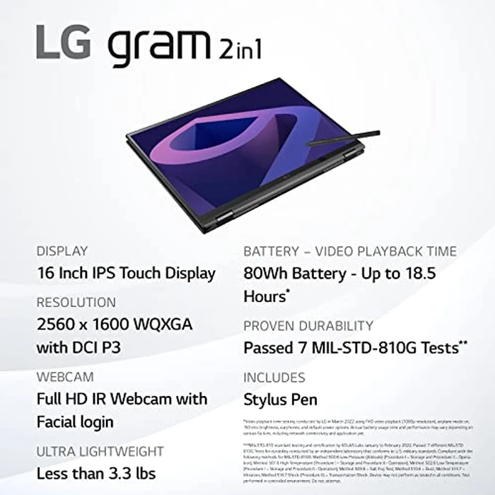 LG gram (2022) 16T90Q 2-in-1 Tablet Laptop, 16" (1920 x 1200) IPS Display, Intel Evo 12th Gen i7 1260P Processor, 16GB LPDDR5, 2TB NVMe SSD, FHD Webcam, WiFi 6E, Thunderbolt 4, Windows 11, Black by LG - Image 2