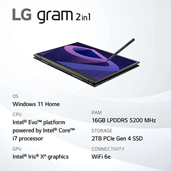 LG gram (2022) 16T90Q 2-in-1 Tablet Laptop, 16" (1920 x 1200) IPS Display, Intel Evo 12th Gen i7 1260P Processor, 16GB LPDDR5, 2TB NVMe SSD, FHD Webcam, WiFi 6E, Thunderbolt 4, Windows 11, Black by LG - Image 3