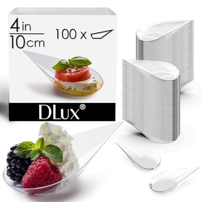 DLux 100 4-in Tear Drop Mini Appetizer Plates, Reusable Clear Plastic Spoons - Desserts and Appetizers Dishes Serving Plate - Asian Spoon Set, Small Catering Dessert Tasting Cups - with Recipe Ebook by DLux - Image 2