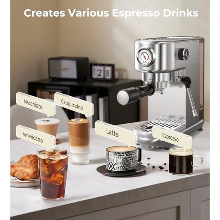 atatix Espresso Machine with Milk Frother, 20 Bar Pressure Espresso Maker, with 44OZ Removable Tank, Compact Stainless Steel Coffee Machine for Home, Office, Latte, Cappuccino, Macchiato, Silver by atatix - Image 1