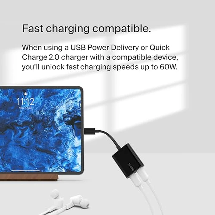 Belkin Rockstar USB-C Audio + Charge Adapter, Headphone Adapter w/USB-C 60W Power Delivery Fast Charging for iPhone, iPad Pro, Galaxy, Note, Google Pixel, LG G6, Sony Xperia, OnePlus, & More - Black by Belkin - Image 2