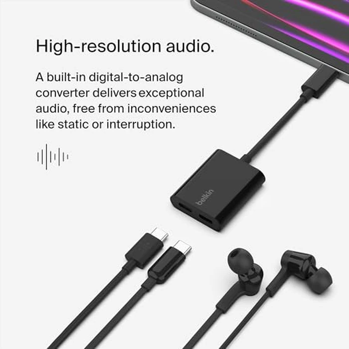 Belkin Rockstar USB-C Audio + Charge Adapter, Headphone Adapter w/USB-C 60W Power Delivery Fast Charging for iPhone, iPad Pro, Galaxy, Note, Google Pixel, LG G6, Sony Xperia, OnePlus, & More - Black by Belkin - Image 3