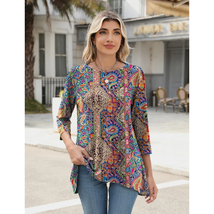 LOMON Womens Tunic Tops 3/4 Sleeve Dressy Casual Plus Size Tunic Tops to Wear with Leggings Loose Fit Swing Fall Orange T-Shirt Ladies Blouses L by LOMON - Image 4