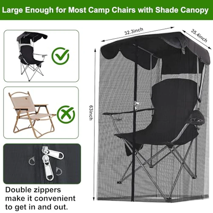 63"H Mosquito Net Cover for Canopy Chair, Bug Barrier Mosquitos Mesh Tent Black Chair Mosquito Netting with Zipper Opening 35"X32" Waterproof Roof for Fishing Camping Chair Outdoor, Chair Not Included by Emsiok - Image 2