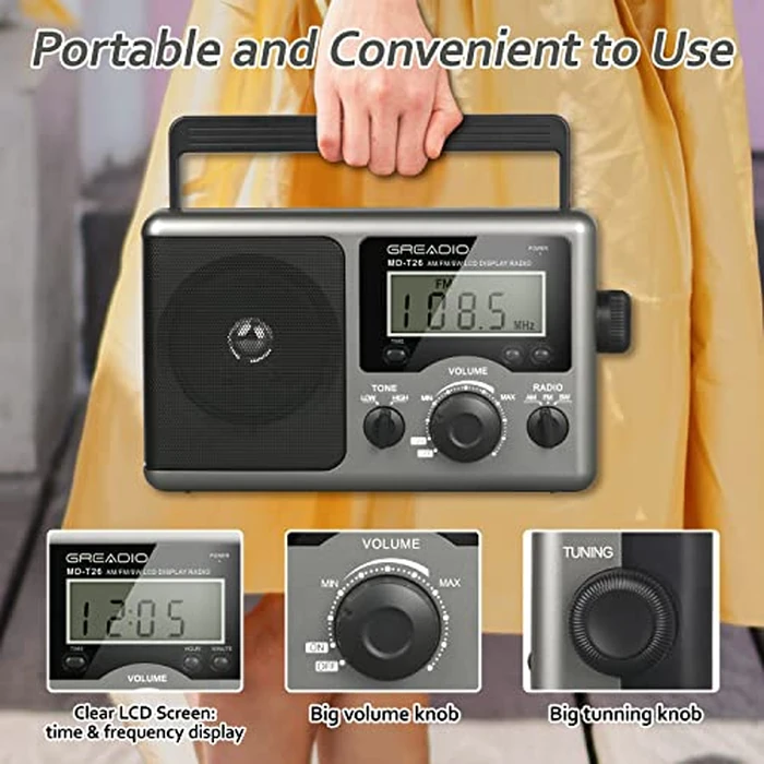 Greadio Portable Shortwave Radio with Best Reception,AM FM Transistor,LCD Display,Time Setting,Battery Operated by 4 D Cell Batteries or AC Power,Big Speaker,Earphone Jack for Gift,Elder,Home by Greadio - Image 3