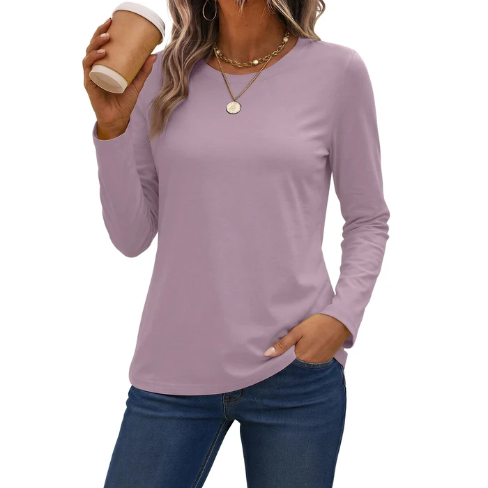 SMENG Cotton Long-Sleeve Shirt for Women Classic-Fit Soft Moisture-Wicking Round-Neck T-Shirt Soft Basic Tee Lilac M by SMENG - Used - Like New condition