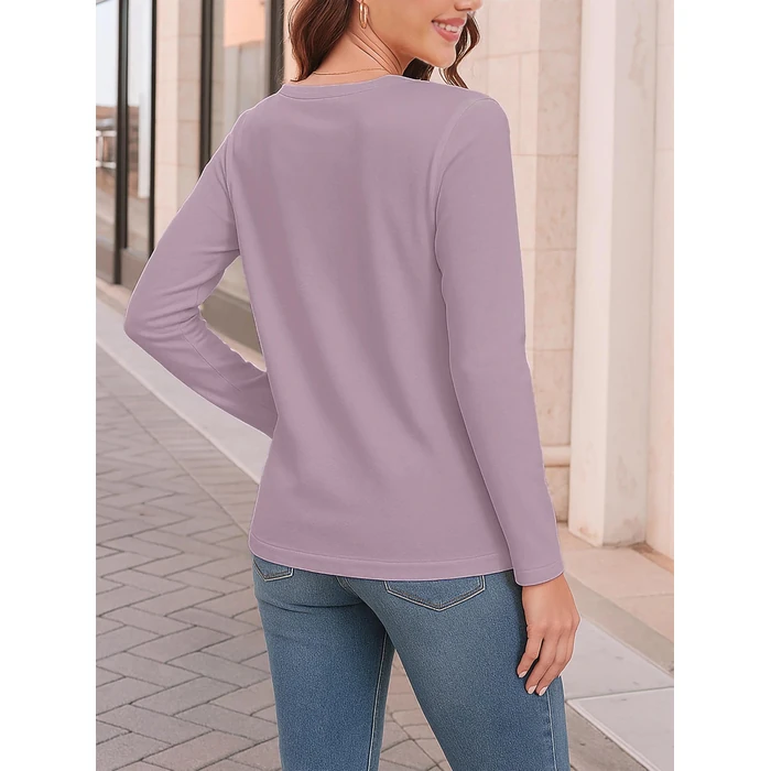 SMENG Cotton Long-Sleeve Shirt for Women Classic-Fit Soft Moisture-Wicking Round-Neck T-Shirt Soft Basic Tee Lilac M by SMENG - Image 2