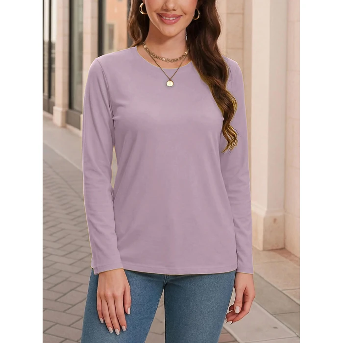 SMENG Cotton Long-Sleeve Shirt for Women Classic-Fit Soft Moisture-Wicking Round-Neck T-Shirt Soft Basic Tee Lilac M by SMENG - Image 3