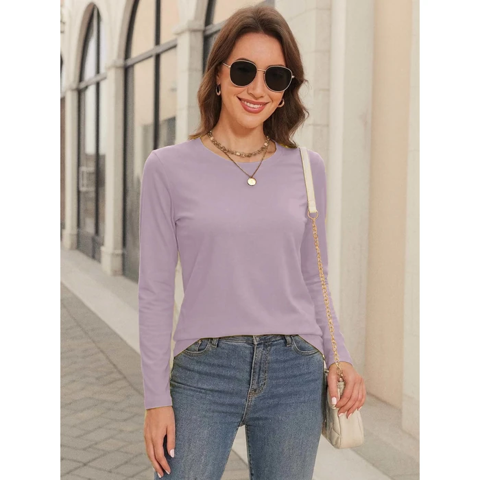 SMENG Cotton Long-Sleeve Shirt for Women Classic-Fit Soft Moisture-Wicking Round-Neck T-Shirt Soft Basic Tee Lilac M by SMENG - Image 5