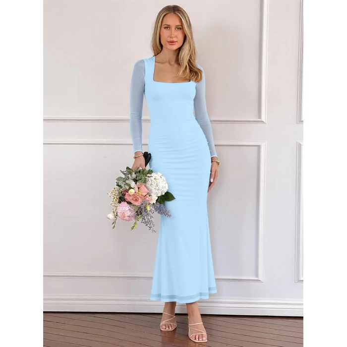 BORIFLORS Women's Ruched Bodycon Long Sleeve Maxi Dress Mesh Square Neck Cocktail Party Long Dresses, X-Small, Baby Blue by BORIFLORS - Image 4