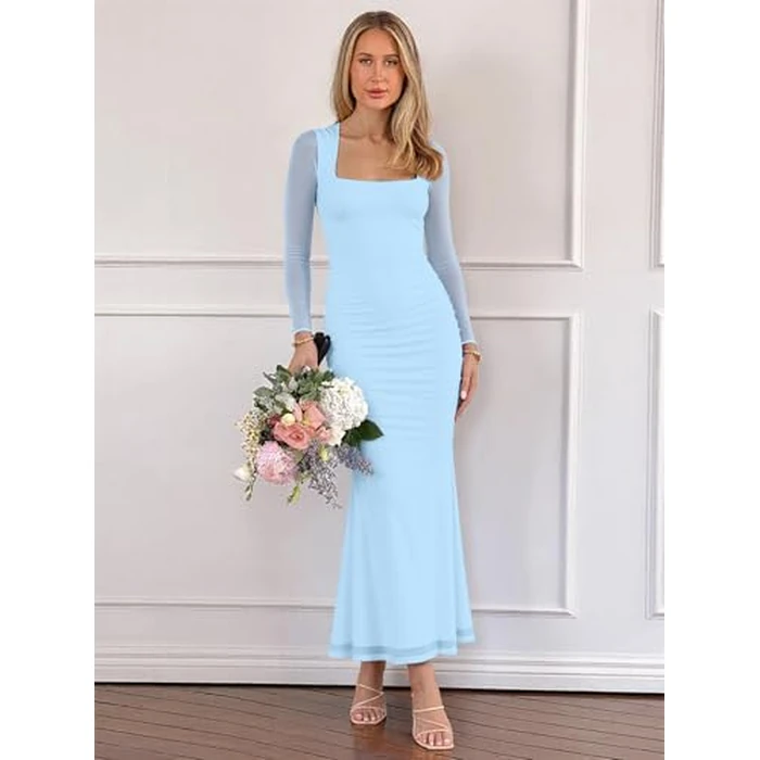BORIFLORS Women's Ruched Bodycon Long Sleeve Maxi Dress Mesh Square Neck Cocktail Party Long Dresses, X-Small, Baby Blue by BORIFLORS - Image 5