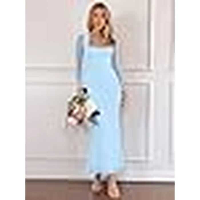 BORIFLORS Women's Ruched Bodycon Long Sleeve Maxi Dress Mesh Square Neck Cocktail Party Long Dresses, X-Small, Baby Blue by BORIFLORS - Image 6