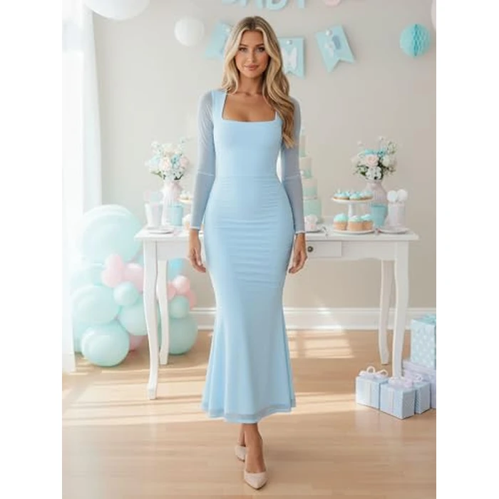 BORIFLORS Women's Ruched Bodycon Long Sleeve Maxi Dress Mesh Square Neck Cocktail Party Long Dresses, X-Small, Baby Blue by BORIFLORS - Image 8
