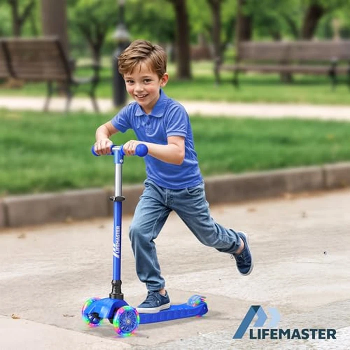 Lifemaster Kids Scooter - Children and Toddler 3 Wheel Kick Scooter - LED Wheel Lights Illuminate When Rolling- Adjustable Handlebar - Indoor and Outdoor Blue by Lifemaster - Image 3