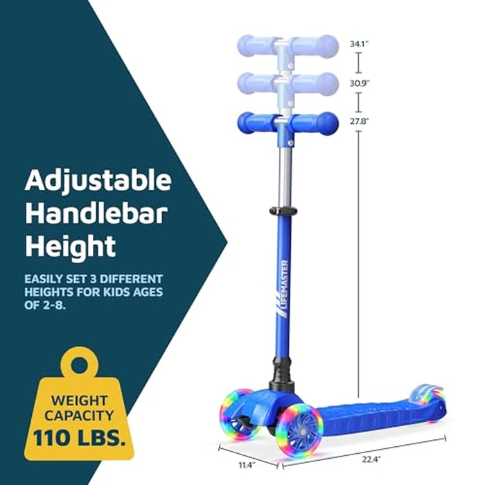 Lifemaster Kids Scooter - Children and Toddler 3 Wheel Kick Scooter - LED Wheel Lights Illuminate When Rolling- Adjustable Handlebar - Indoor and Outdoor Blue by Lifemaster - Image 7