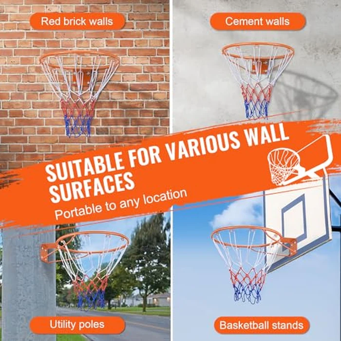 VEVOR Basketball Rim, Wall Door Mounted Basketball Hoop, Heavy Duty Q235 Basketball Flex Rim Goal Replacement with Net and Double Spring, Standard 18" Indoor Outdoor Hanging Hoop by VEVOR - Image 6