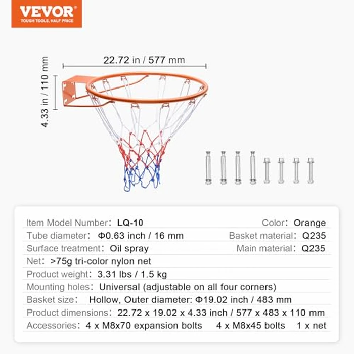 VEVOR Basketball Rim, Wall Door Mounted Basketball Hoop, Heavy Duty Q235 Basketball Flex Rim Goal Replacement with Net and Double Spring, Standard 18" Indoor Outdoor Hanging Hoop by VEVOR - Image 7