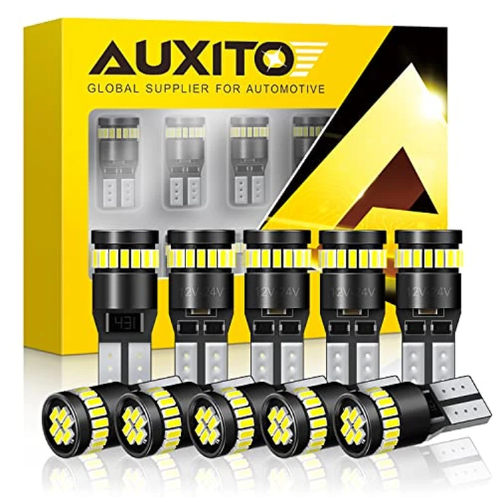 AUXITO 194 LED Light Bulb 6000K White 168 2825 W5W T10 Wedge 24-SMD 3014 Chipsets LED Replacement Light Kit Error Free for Car Interior Dome Map Door License Marker Lights, Pack of 10 by AUXITO - Used - Like New condition - US$12.57