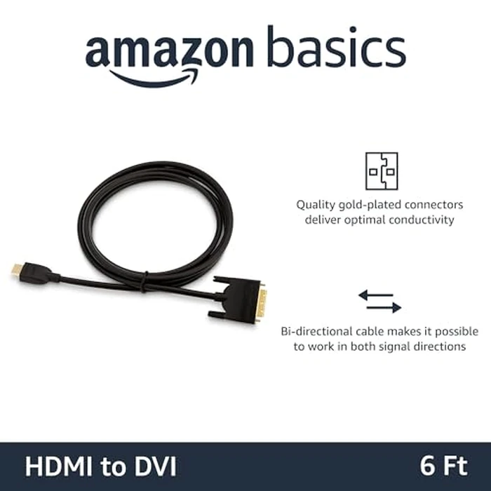 Amazon Basics HDMI-A to DVI (Male) Adapter Cable, Bi-Directional 1080P, Gold-Plated, 6 ft/1.8 m, Single Pack for Television, Black by Amazon Basics - Image 2