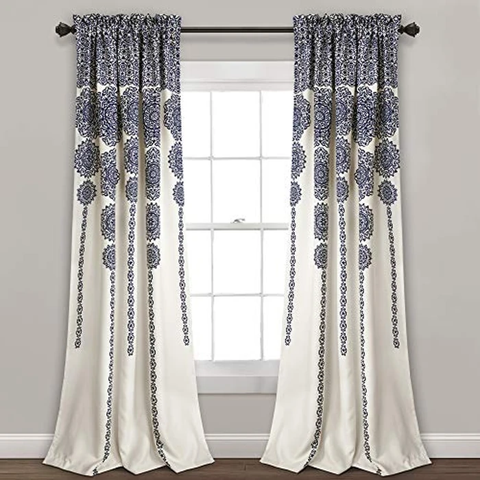 Lush Decor Stripe Medallion Curtains Fabric Mandala Bohemian Damask Print Light Filtering Window Panel Set for Living, Dining, Bedroom (Pair), 95"L x 52"W, Navy by Lush Decor - Used - Like New condition