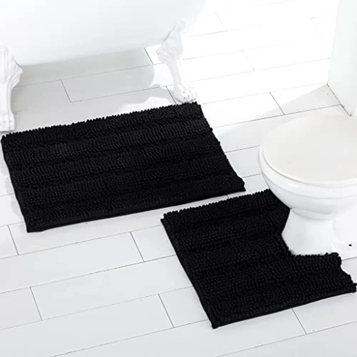 Home Beyond & HB design - 2-Piece Chenille Bath Rug Set with U-Shaped Rug for Toilet, Ultra Soft Thick Absorbent Non Slip - Machine Washable, 19.7 x 31.5 Inch and 19.7 x 19.7 Inch, Black by Home Beyond & HB design - Image 1