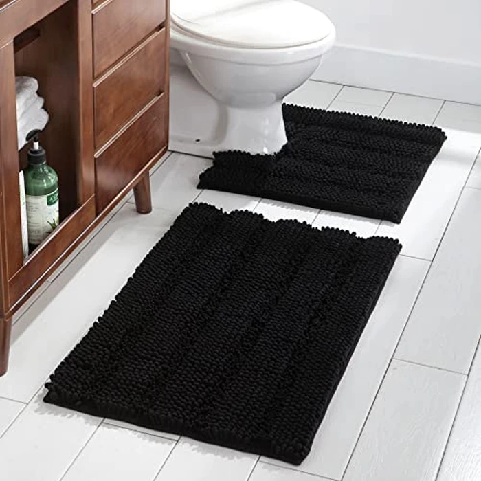 Home Beyond & HB design - 2-Piece Chenille Bath Rug Set with U-Shaped Rug for Toilet, Ultra Soft Thick Absorbent Non Slip - Machine Washable, 19.7 x 31.5 Inch and 19.7 x 19.7 Inch, Black by Home Beyond & HB design - Image 2