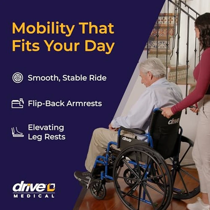 Drive Medical Blue Streak Lightweight Foldable Wheelchair - Enhanced Mobility Support - Durable Construction - Padded Comfort - Swing-Away Leg Rests - Desk Arms - Blue/Black - 18 Inch Seat by Drive Medical - Image 2