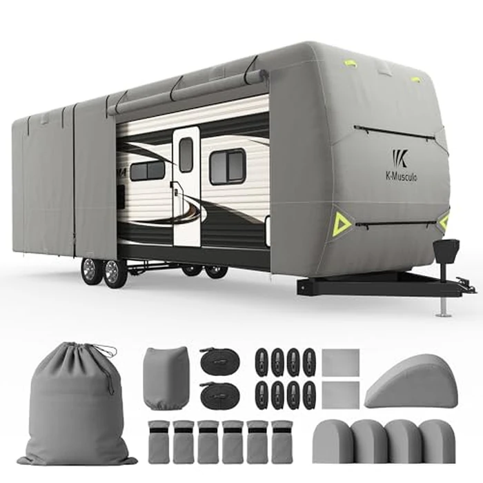 K-Musculo RV Cover, 20-22 FT Heavy Duty Travel Trailer Cover with 8 Layers Corner, Windproof and Waterproof Camper Cover with 4 Tire Cover & Tongue Jack Cover by K-Musculo - Image 1