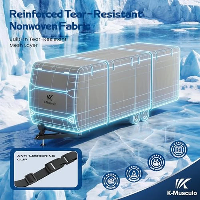 K-Musculo RV Cover, 20-22 FT Heavy Duty Travel Trailer Cover with 8 Layers Corner, Windproof and Waterproof Camper Cover with 4 Tire Cover & Tongue Jack Cover by K-Musculo - Image 3