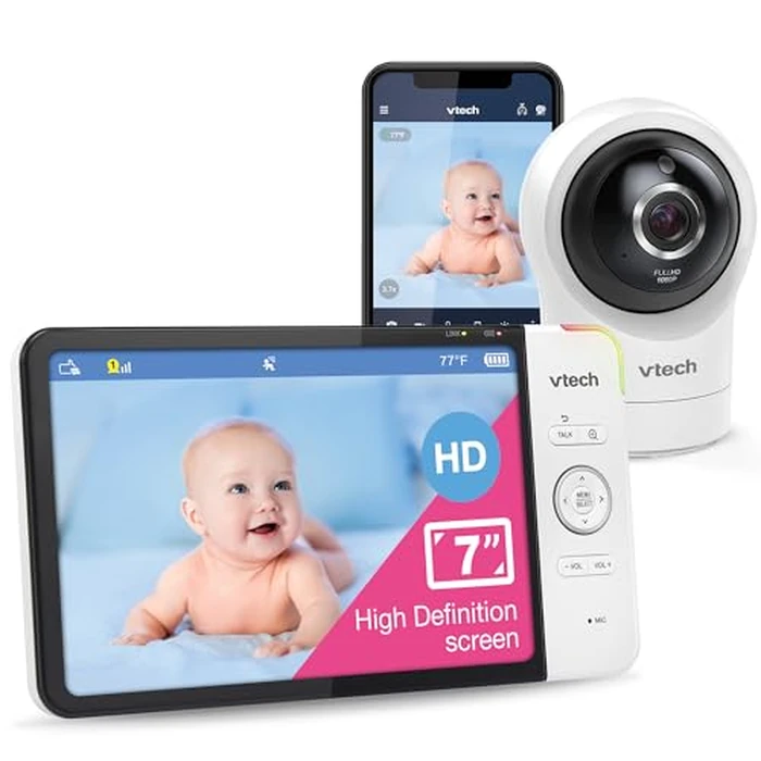 VTech RM7764HD 1080p WiFi Remote Access Baby Monitor, 360 degrees Pan&Tilt, 7” 720p HD Display, HD Night Vision, Soothing Sounds, 2-Way Talk, Temperature Sensor, Motion Detection, iOS & Android by VTech - Used - Acceptable condition - US$75.37