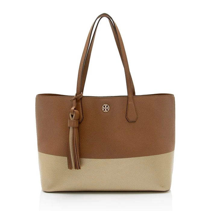 Tory Burch Leather Colorblock Perry Tote - Metallic Leather - Brown/Gold by Tory Burch - Image 1