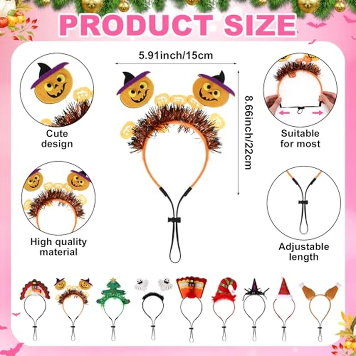 Huhumy 9 Set Christmas Dog Costume Christmas Thanksgiving Holiday Pet Headband Dog Bandanas Adjustable Triangle Scarf for Festival Pet Cat Outfit Supplies by Huhumy - Image 2