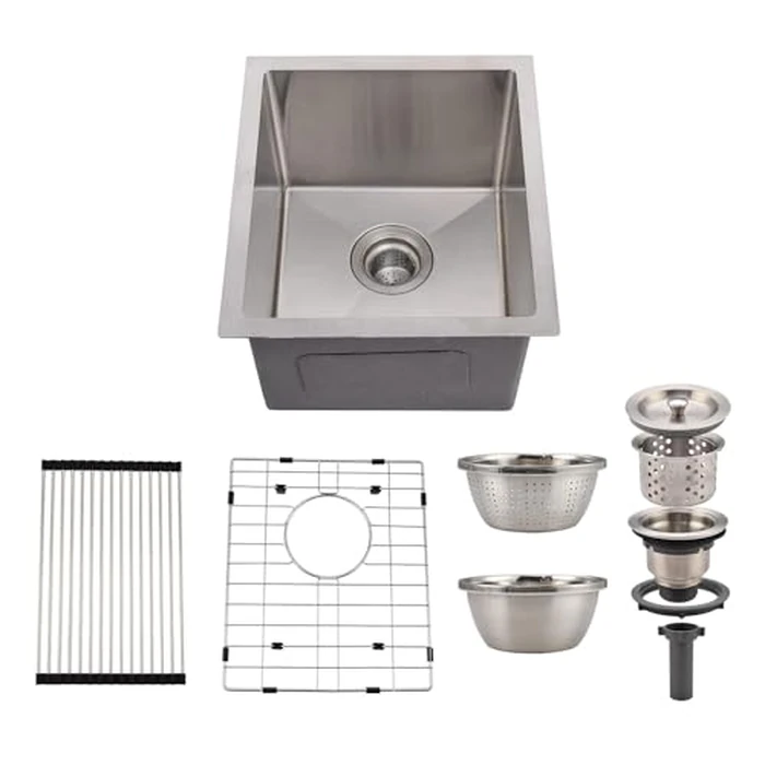 15 Inch Undermount Kitchen Sink, 15" L x 17" W x 10" Stainless Steel Single Bowl Kitchen Sink, Bar or Prep Kitchen Sink, with Basket Strainer, Drying Rack, Stainless Steel Drain Basin Bowl by ExploreHorizon - Used - Very Good condition - CA$92.92