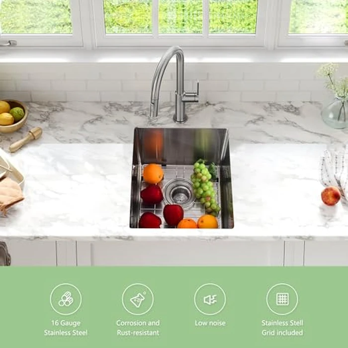 15 Inch Undermount Kitchen Sink, 15" L x 17" W x 10" Stainless Steel Single Bowl Kitchen Sink, Bar or Prep Kitchen Sink, with Basket Strainer, Drying Rack, Stainless Steel Drain Basin Bowl by ExploreHorizon - Image 2