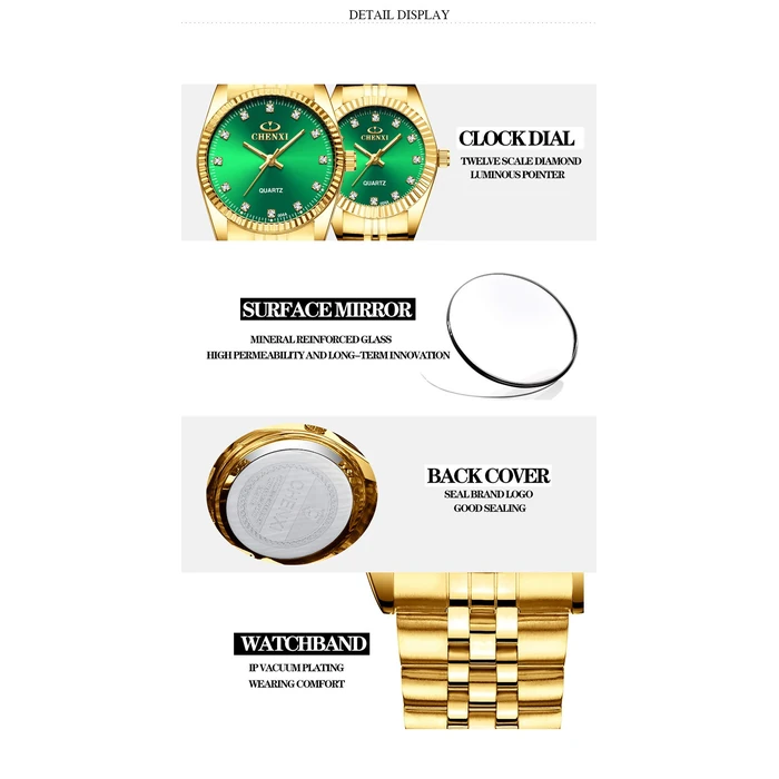 DREAMING Q&P Classic Golden Stainless Steel Unisex Luxury Quartz Wrist Watches Green by DREAMING Q&P - Image 4