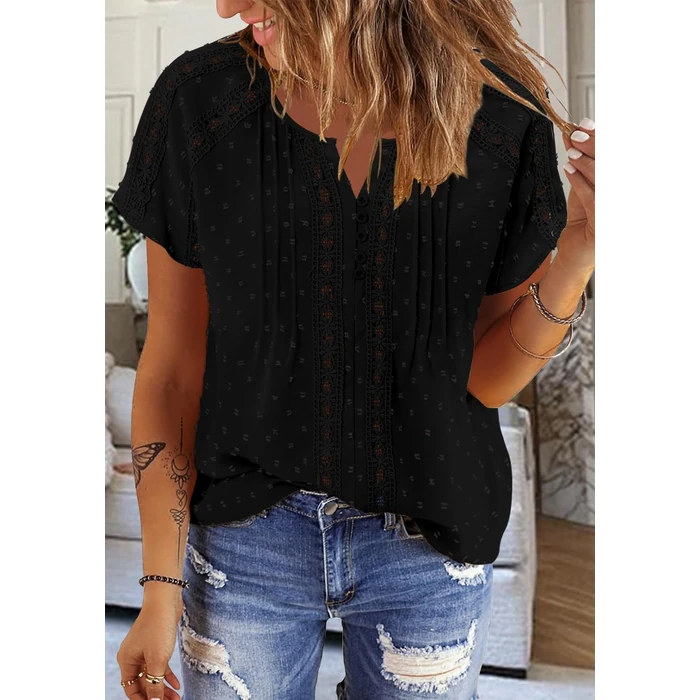 BETTE BOUTIK Blouses for Women Summer Casual Dressy Boho Tunic Tops Short Sleeve V Neck Trendy Loose Flowy Shirts Cute Lace Going Out Blouse Black Large by BETTE BOUTIK - Image 1
