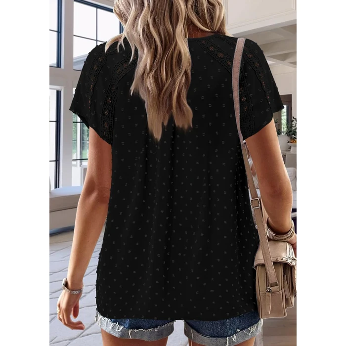 BETTE BOUTIK Blouses for Women Summer Casual Dressy Boho Tunic Tops Short Sleeve V Neck Trendy Loose Flowy Shirts Cute Lace Going Out Blouse Black Large by BETTE BOUTIK - Image 3