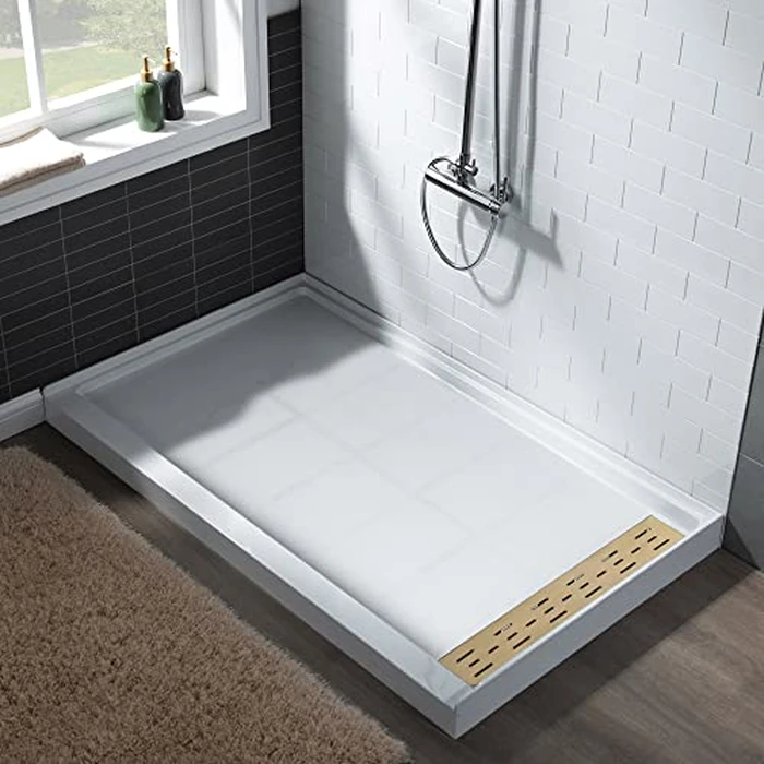 WOODBRIDGE 60"L x 32"W x 4"H Shower Base,Right Drain,Non-Slip Single Threshold Shower Pan, Solid Surface with Brushed Gold Linear Drain Cover by WOODBRIDGE - Image 1