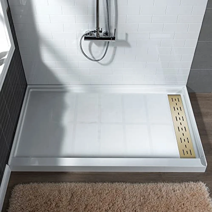 WOODBRIDGE 60"L x 32"W x 4"H Shower Base,Right Drain,Non-Slip Single Threshold Shower Pan, Solid Surface with Brushed Gold Linear Drain Cover by WOODBRIDGE - Image 2