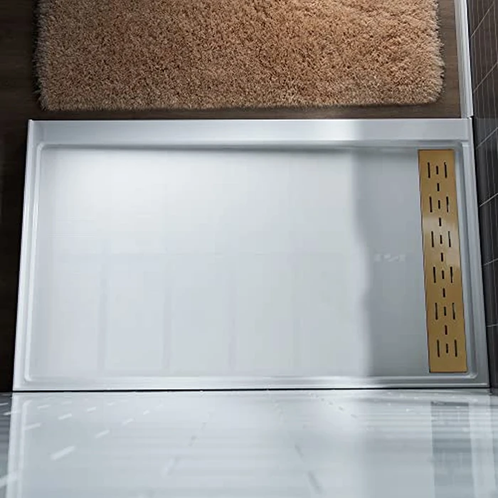 WOODBRIDGE 60"L x 32"W x 4"H Shower Base,Right Drain,Non-Slip Single Threshold Shower Pan, Solid Surface with Brushed Gold Linear Drain Cover by WOODBRIDGE - Image 3