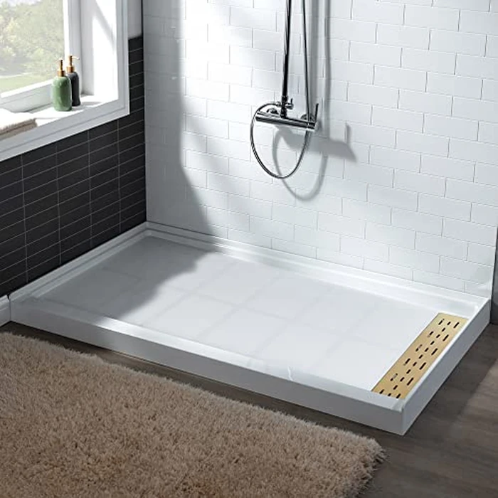 WOODBRIDGE 60"L x 32"W x 4"H Shower Base,Right Drain,Non-Slip Single Threshold Shower Pan, Solid Surface with Brushed Gold Linear Drain Cover by WOODBRIDGE - Image 4