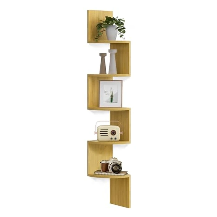 VASAGLE Corner Shelf Wall Mount, 5-Tier Floating Corner Bookshelf, Plant Shelf for Bedroom, Living Room, Bathroom, Home Office, Natural Oak by VASAGLE - Used - Acceptable condition