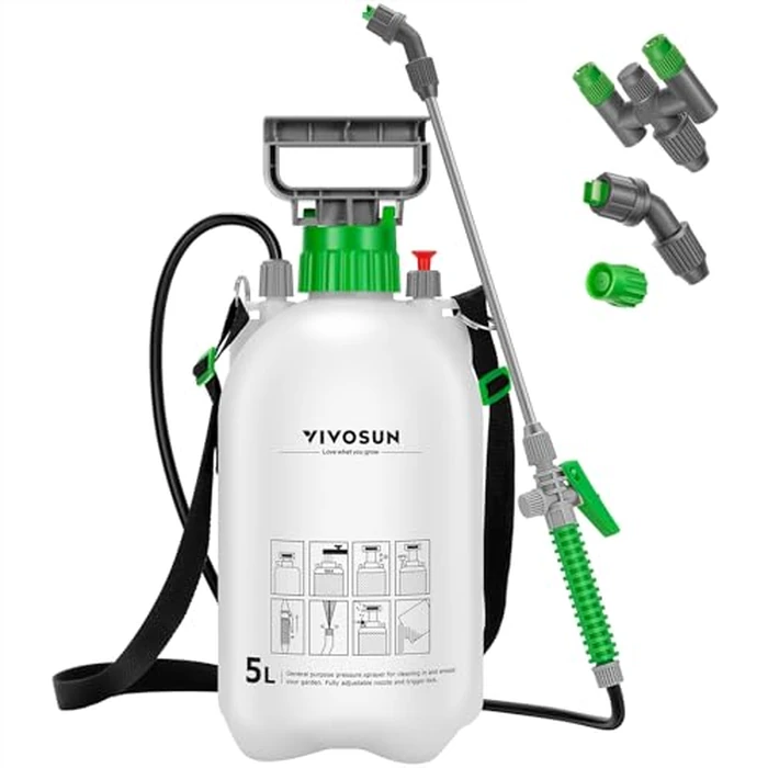 VIVOSUN 1.3 Gallon Pump Pressure Sprayer, 5L Pressurized Lawn & Garden Water Spray Bottle with 3 Water Nozzles, Adjustable Shoulder Strap, Pressure Relief Valve, for Plants and Cleaning by VIVOSUN - Used - Acceptable condition - CA$29.34