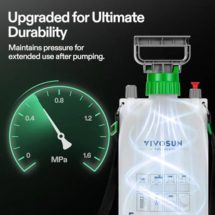 VIVOSUN 1.3 Gallon Pump Pressure Sprayer, 5L Pressurized Lawn & Garden Water Spray Bottle with 3 Water Nozzles, Adjustable Shoulder Strap, Pressure Relief Valve, for Plants and Cleaning by VIVOSUN - Image 5