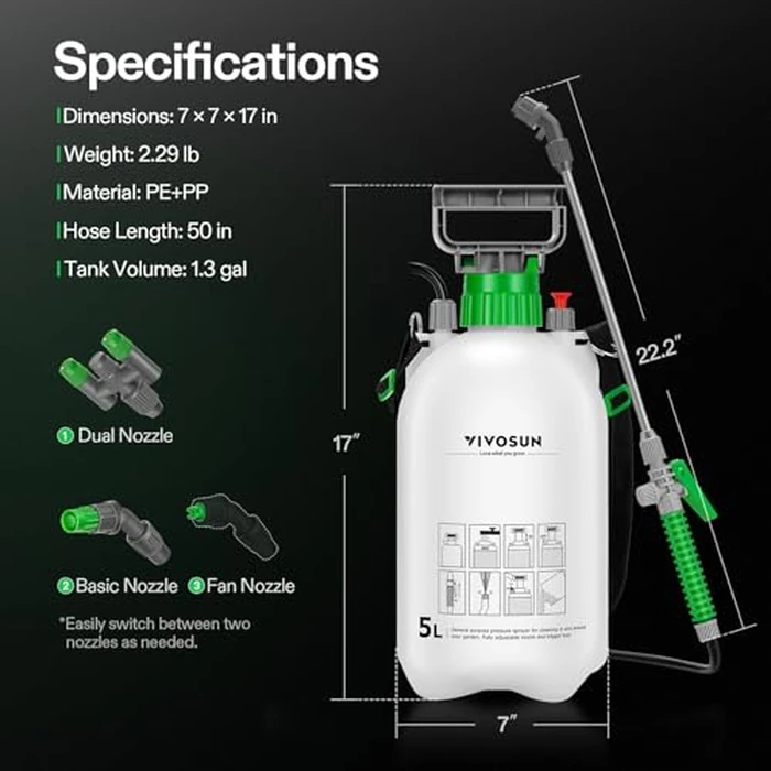 VIVOSUN 1.3 Gallon Pump Pressure Sprayer, 5L Pressurized Lawn & Garden Water Spray Bottle with 3 Water Nozzles, Adjustable Shoulder Strap, Pressure Relief Valve, for Plants and Cleaning by VIVOSUN - Image 9